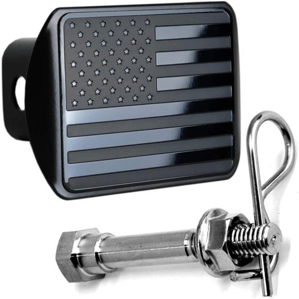 USA Black Metal Flag Hitch Cover with Stainless Steel Anti-Rattle Pin Bolt